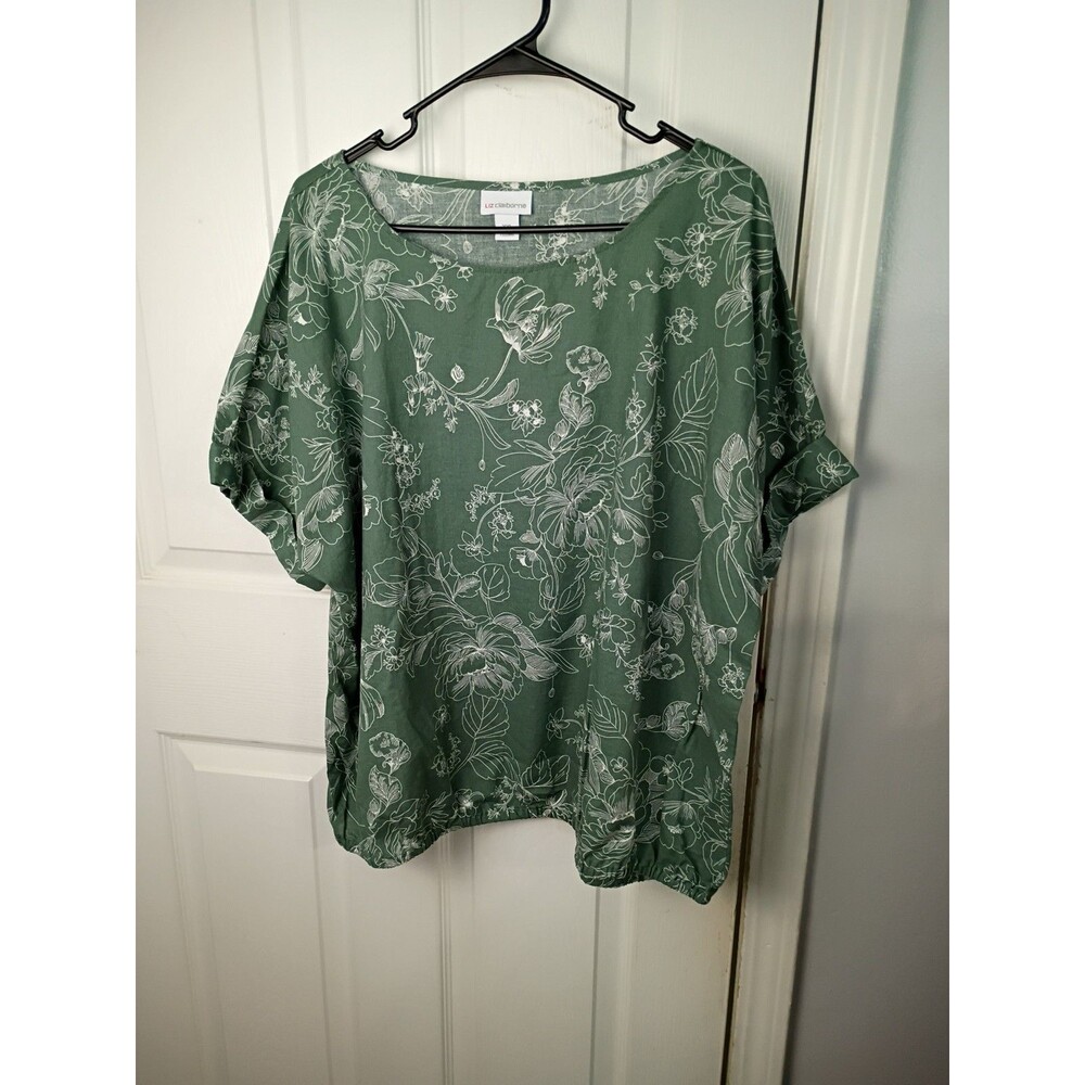 Liz Claibourne Woman XXL Blouse Linen Blend Green Botanical SS Pullover